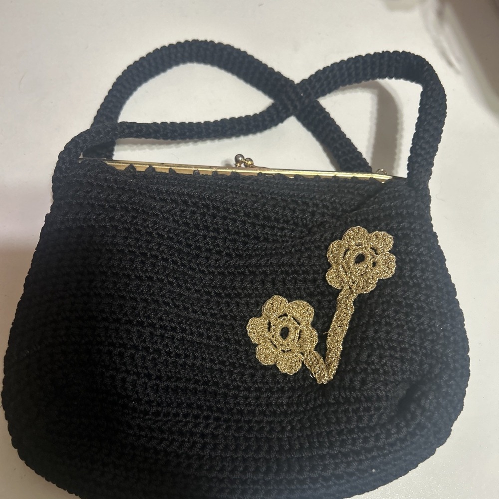 Vintage Crocheted Black Handbag Gold Accent Clasp  Flower